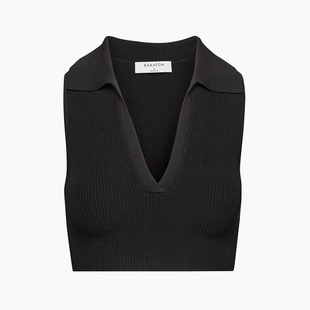 Babaton Aritzia Sculpt Knit Polo Black Top